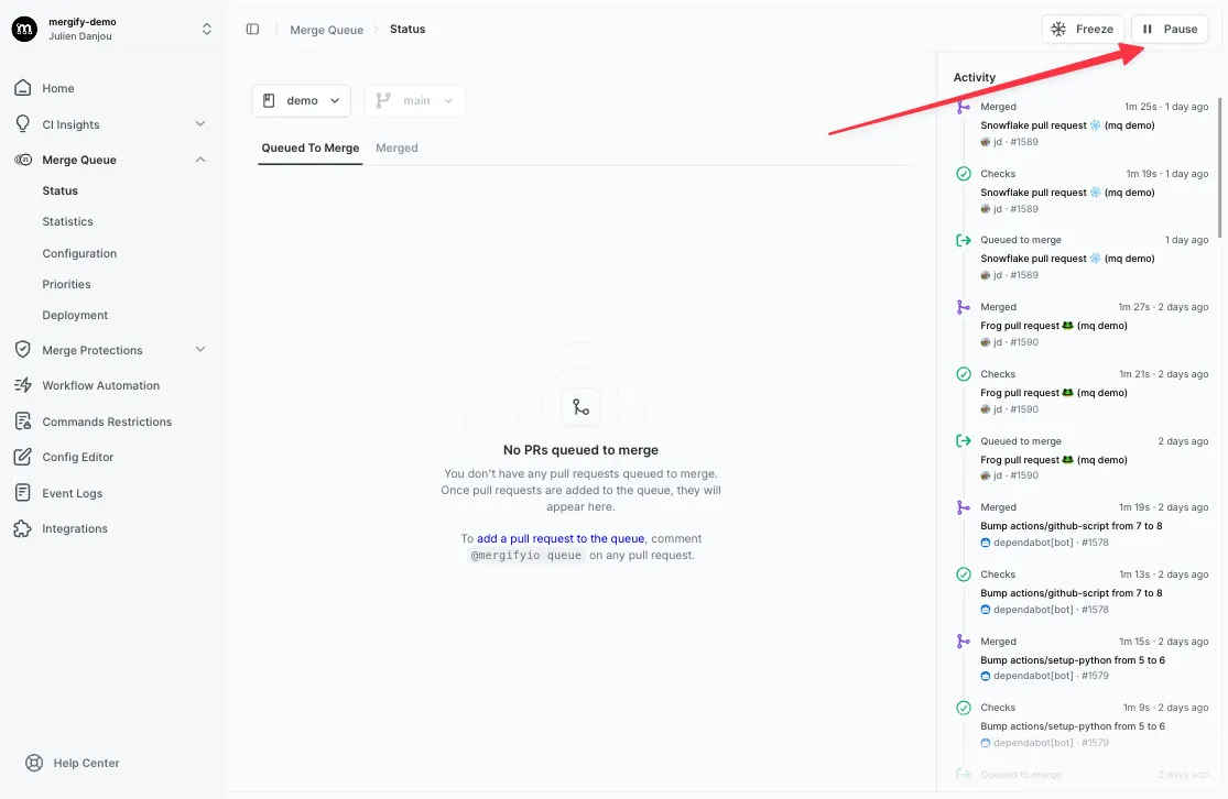 Pause button is in the top right corner in Mergify's dashboard