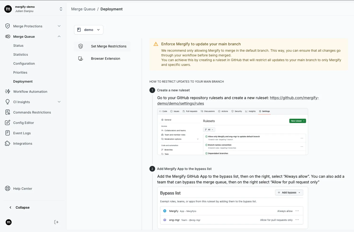 Deploy screen from Mergify dashboard